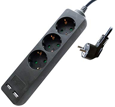 LEDLUX Regleta eléctrica con 2 USB y 3 enchufes Schuko, Enchufe 16 A Tipo híbrido F + E, máx. 250 V, 3680 W (Cable de 1,5 Metros, Negro)