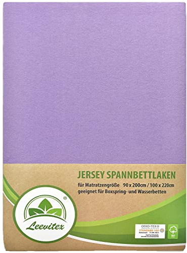 leevitex® Premium Spannbettlaken 90x200-100x220 cm - 40 cm Steg - auch für Boxspringbett & Wasserbett | 100% Mako-Jersey-Baumwolle | ÖKO-TEX | 170g/m² | Flieder/Lavender