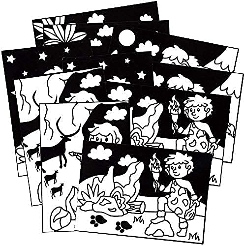 Baker Ross FE467 Steinzeit Bilder zum Ausmalen - 10 Stück, Ausmalbilder mit Samt für Kinder zum Basteln