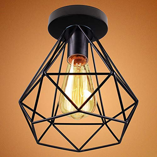 Retro Vintage Industrial Flush Mount Ceiling Light,Retro Pendant Lighting Hanging Ceiling Light Fixture Cage Lamp for Hallway Stairway Bedroom Kitchen (Bulb No Included) (Black) (F)