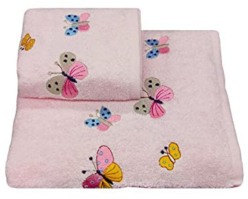 CA' D'ORO Coppia Asciugamani da Bagno Papillon, Asciugamani in Spugna di 100% Cotone 400gr/mq, Set 2 Asciugamani Viso (60 x 110 cm) + Ospite (60 x 40 cm) (Rosa)
