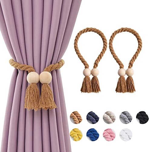Pretty Jolly Ball magnetische Vorhang-Raffhalter aus Holz, Boho-Dekoration, Raffhalter, natürliche Baumwolle, handgewebt, für Fenstervorhänge für Zuhause und Büro, Kaffee, 2 Stück