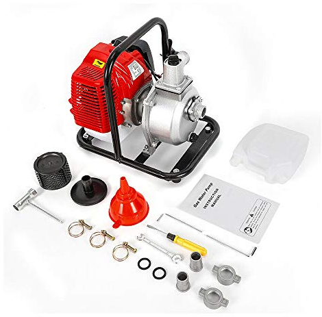 43CC 2-Takt Motor Benzin Wasserpumpe Schmutzwasserpumpe Gartenpumpe Teichpumpe Sprinklerpumpe für Rasenbewässerung und Druckerhöher(Fördervolumen: 15,000 l/h, max. Förderhöhe: 30 m, 1.25kw)
