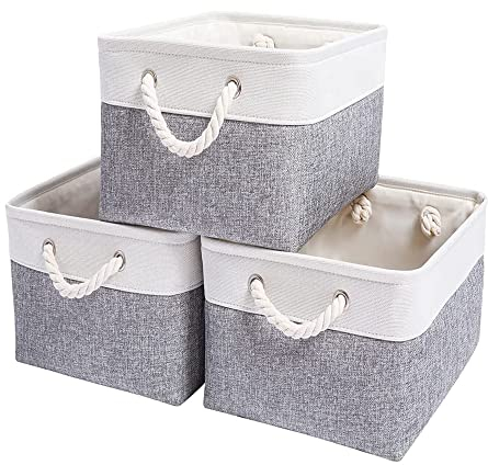 Mangata Große Aufbewahrungsbox 3er Set, Leinenstoff Aufbewahrungskörbe mit Griffen für Schränke, Kleiderschrank, Regale, Badezimmer, Kleidung, Spielzeug, Handtuch (38x28x24cm, Grau Weiß)