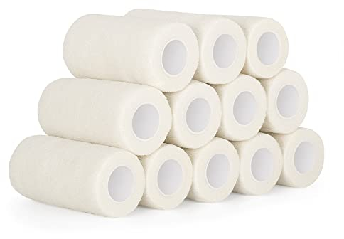 12 Roll Selbstklebender Verband 10cm Kohäsive Bandage Selbsthaftende Haftbandage Verband Elastische Binde für Finger, Hand Cohesive Bandage Fixierverband Pet Vet Wrap für Pferd Dog Bandagen (Weiß)
