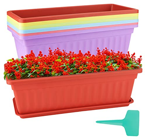 ZOENHOU Confezione da 6 fioriere rettangolari in plastica con vassoi e 30 etichette verdi per davanzale, patio, giardino, decorazione casa, veranda