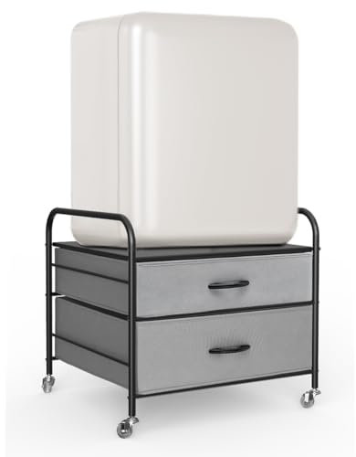 Mini Fridge Stand, KOZIDO 2 Drawers Organization Rolling Cart for Mini Fridge, Dorm Fridge Storage Cart with Black Metal Frame, 4 Swivel Wheels, 2 Fabric Drawers with Wood Handle - Grey