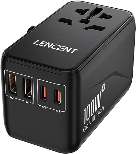 LENCENT Universeller Reiseadapter 100W GaN3 Internationaler Reisestecker mit 2 QC4,0 USB-A+2 PD3,0 Typ-C PPS Schnellladung, Weltweiter Wall Charger für USA/UK/EU/AU Steckdosen, Schwarz