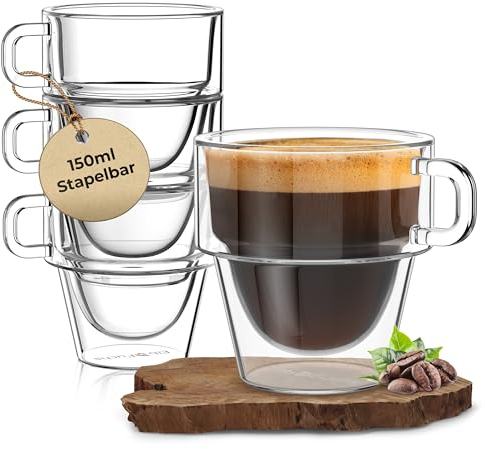 ElbFuchs® Tasses à Expresso Double Paroi [4x 150ml] – Gain de Place Empilable – Isolation Thermique avec Poignée – Design Pratique en Verre Cristal