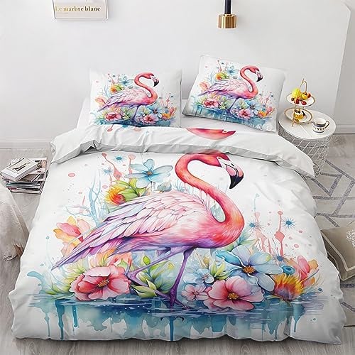 GEDAEUBA Sommer Bettwäsche 155x220 Flamingo - Tropische Blumen Tiere Bettbezug 155x220 3 teilig, Wendebettwäsche und Kissenbezug 80x80, Weiche Mikrofaser Bettwäsche-Sets mit Reißverschluss