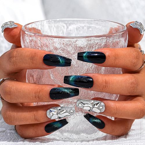 Sethexy Glitter Rhinestone Long Coffin Fake Nails Cat Eye Handmade False Nail Green Crystal Glossy Press on Nail Salon Durable Quality Nails for Women and Girls(C)