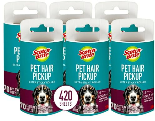 Scotch-Brite Pet Extra Sticky Lint Roller for Pet Hair, Furniture, and Clothes, 6 Roller Refills, 420 Sheets, White