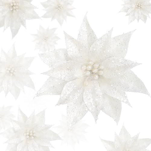 Sggvecsy 15 Stück Weihnachts-Glitzer-Blumen, Weihnachtsbaumschmuck, glänzende künstliche Weihnachtssterne, Weihnachtsblumen, Dekoration mit Clips für Weihnachten, Urlaub, Hochzeit, Kranz, Party,