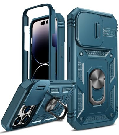LeYi for iPhone 15 Pro Max Case with Camera Cover Slider(Not include Screen Protector), Front Frame+Back Case, Full Body Armour Military Grade Shockproof Phone Cover | Ring Stand Holder Blue