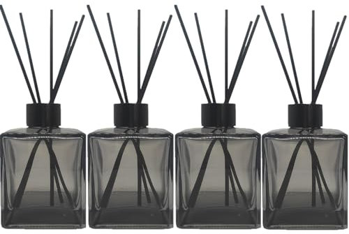 Perfume Reed Diffuser Bottle,Empty Square Essential Oil Bottles Glass Jar with Black Sticks for DIY Fragrance Replacement Diffuser Sets (200ml/6.7oz, Grey)