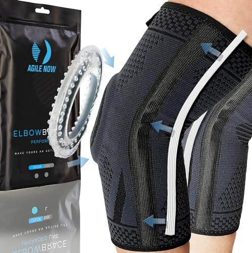 AGILE NOW® Ellenbogenbandage Performance Up (Paar) stabilisiert & schützt die Gelenke – rutschfeste Tennisarm Bandage mit Gel-Pads | Ellbogen Bandage | Bandage Ellenbogen (L)