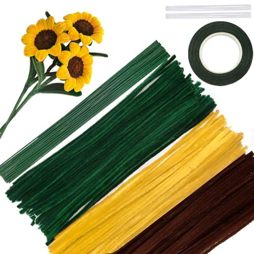 TOAOB Pfeifenreiniger Blumen Set Gelb Grün Braun 200 Stück Pfeifenreiniger zum Basteln Pipe Cleaner Flower Sonnenblume Set mit Blumendraht und Blumenband Chenille Stems für Bastelprojekte