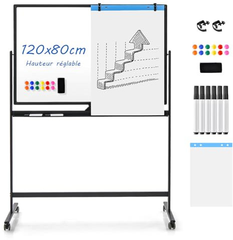 COSTWAY Tableau Blanc Effacable sur Pied 120 x 80 cm, Tableau Blanc sur Pied Double Face, 2 Hauteurs Réglables, Cadre en Métal, 12 Aimants, 6 Marqueurs, Tableau Mobile Magnetique pour École, Bureau