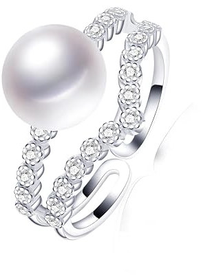 BISONBLUE Ringe Damen Damenschmuckring Rings Herren Geschenk Luxuriöser Zirkon-Ring mit natürlicher Süßwasserperle, modisch, Party, verstellbare Perlenringe für Damen, größenverstellbar, Weiß