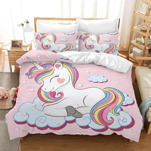 Leleyouzer Kinder Einhorn Bettwäsche Set,Rosa Einhorn Bettwäsche für Mädchen,Weicher und Kuscheliger Mikrofaser Bettbezug für Mädchen mit 2 Kopfkissenbezügen 50 x 75 cm (Einhorn 2, 135×200 cm)