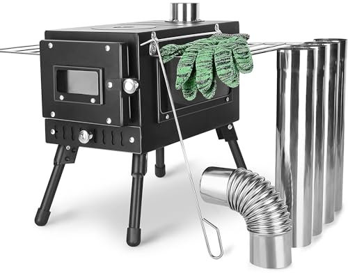 Womeyork Estufa de camping al aire libre, estufa de leña portátil con tubo de chimenea para tienda de campaña, refugio, calefacción y cocina (negro)