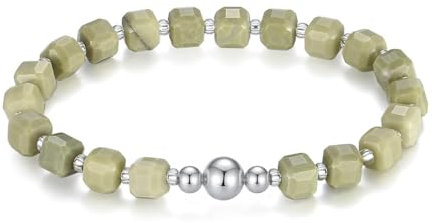 MetJakt Handgemachtes Stretch Armband mit 6MM Echtes Naturstein Würfel Design und 18k Vergoldete Kugel Edelstein Perlenarmband für Damen und Herren (Avocado-Jaspis -Silber)