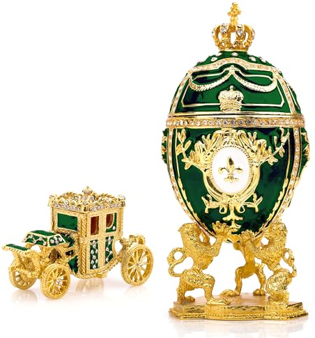 Vtry Dekorative russische Osterei-Nachbildung, extra groß, 16,8 cm, handbemalt, Schmuckkästchen für die ultimative Heimdekoration, kommt mit Geschenk, Vintage-Kutsche (grün)