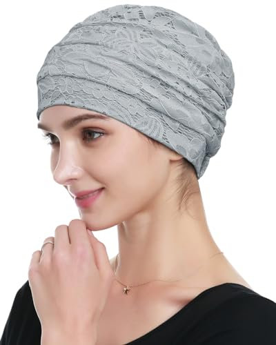 Alnorm Atmungsaktiver Spitzen-Turban für Frauen Vorgebundene Mütze Hellgrau