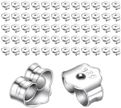 60 Piezas Tuercas de Pendientes Plata de 925 de 4.45 x 5.85 mm Cierres Tapón de Seguridad Tope Posterior Mariposa Tamaños Universal para Hacer Joyería Bisutería Fabricación de Joyas