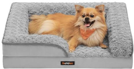 Feandrea Orthopädisches Hundebett für kleine Hunde, wasserdichtes Hundesofa mit abnehmbarem Plüsch-Bezug, 71 x 58 x 16 cm, Taubengrau PGW251G01