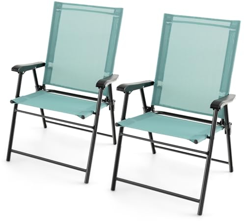 GOPLUS Gartenstuhl klappbar 2er Set, Balkonstuhl aus Metall bis zu 150kg, Klappstuhl tragbar mit Rückenlehne & Fußstütze, Essstuhl Terassenstuhl wetterfest für Outdoor Garten Balkon (Minzgrün)