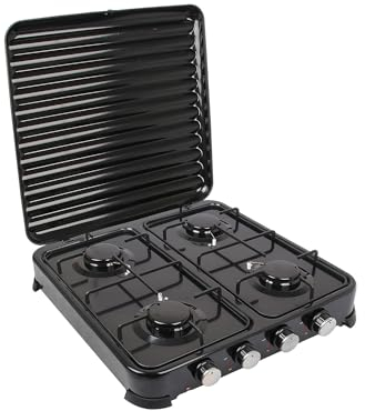 Avilia Cucina a Gas da Campeggio a 4 Fuochi - Fornello per Esterni con Coperchio, a Basso Consumo, con Piedini Antiscivolo e Griglia, 49x50x8 cm, Nero