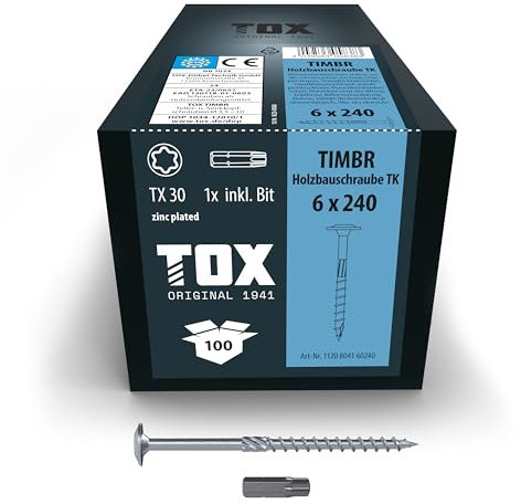 TOX Vis TIMBR TK 6,0 x 240mm, zinguées bleues avec tête plate, TX30, vis pour un vissage facile et une capacité de charge élevée dans la construction en bois, 100pcs, compris 1x embout, 1120804160240