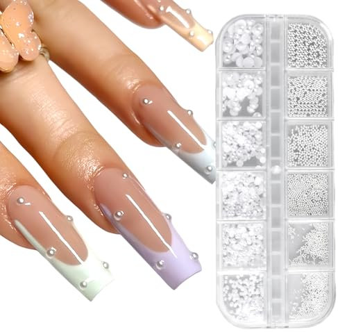 1Schachtel/12Raster Nail Art Strasssteine für Nägel Flatback Perlen, Weiß Flache Rückseite Halbrunde Perlen, Nail Charms Klein Halbrunde Perlenkugeln für Frauen Acryl Dekorationen Design