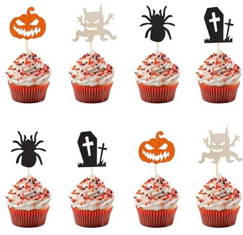 Arthsdite 24pcs Halloween Cupcake Topper Halloween Party Cake Decorations with Tombstone Spider Ghost Pumpkin for Baby Shower Birthday Cake Decoration