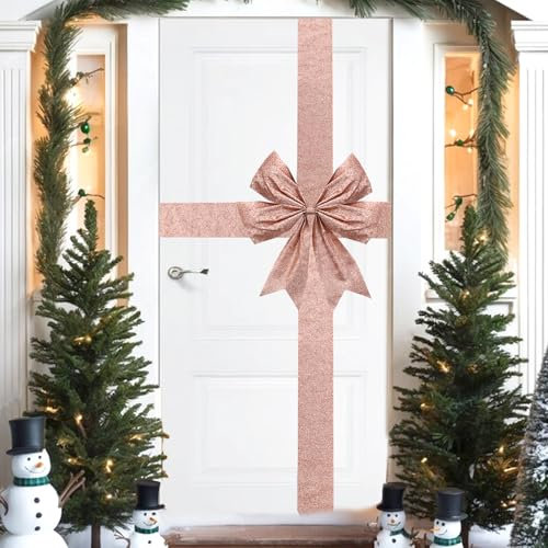 Sursurprise Nœud de Noël doré rose pour porte d'entrée, grand nœud de porte de Noël à paillettes, fête prénatale, mariage, emballage pour fenêtre, cheminée, armoire, fête à la maison