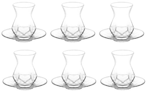 NORDIC SCHILLER Türkische Teegläser Set 165ml 12-teilig (6 Personen Set), Türkische Teegläser Mit Untertasse, 6 Teegläser, 6 Untersetzer, Teebecher Set 12 Stück, Cay Bardagi Seti