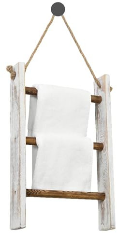 Towel Ladder - 3-Tier Towel Rail, Towel Ladder with Rope, Decorative Wooden Towel Rack, Ladder and Hook for Bedroom Decoration in Farmhouse
