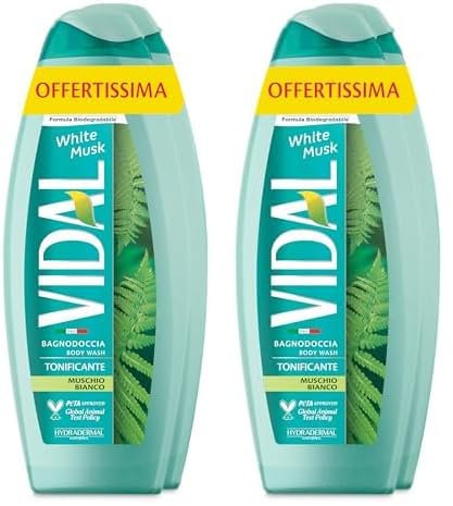 Vidal - Bagnoschiuma White Musk, Formula Tonificante, Fragranza Muschio Bianco, Dermatologicamente Testato, 2 Flaconi da 600ml (Confezione da 2)