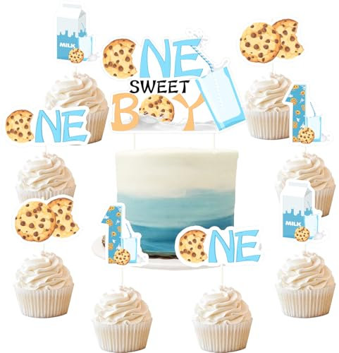 Sursurprise Blue Brown One Sweet Boy Theme Cupcake Topper Decorations, Boy Milk Cookies First Birthday Cake Topper, 1st Birthday Cake Photo Props
