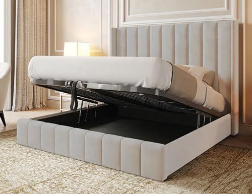 Furnishion Wingback Panel Single Bed with Storage - Silver Plush Velvet Single Ottoman Bed with Mattress Included & 48inch Headboard