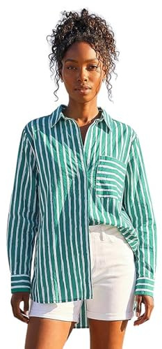 Roman Shirt for Women Ladies Cotton Blouse Button Through Tunic Printed Top Work Long Sleeve Smart Casual Going Out Work Office V Neck Everyday Evening Event - Green Stripe - Size 14