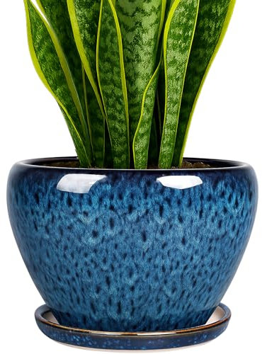 Deep Dream 8 Inch Ceramic Planter Pot, Plant Pot for Indoor Outdoor House Plants and Garden, Modern Flower Pot with Drainage Holes & Trays, Blue