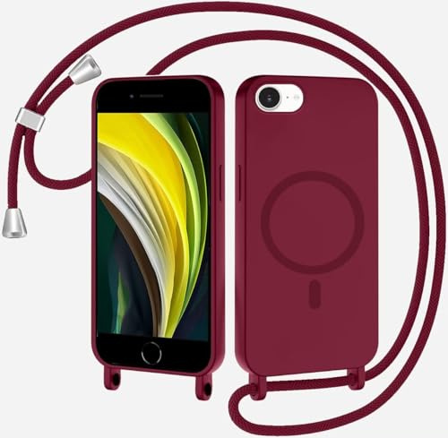 SLWYF Magnetische Handykette für iPhone 6/7/8/SE 2020 Hülle mit Band, Handyhülle Kompatibel mit MagSafe, Silikon Seil Necklace Handyhülle PU Stoßfest mit Abnehmbar Kordel zum Umhängen Case - Rot