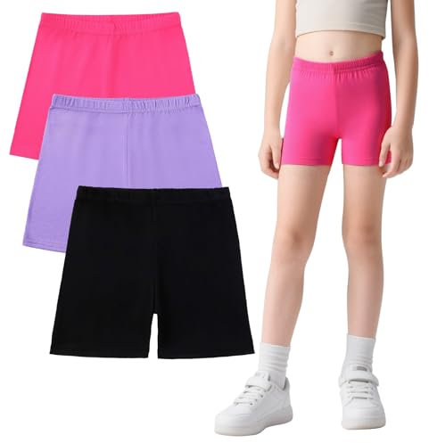 FILOWA Pantalones Cortos para Niñas Algodón Shorts Leggings Pack de 3 Deportivo Ciclismo Pantalon Corto con Cintura Elástica Pantalón Ocio Colores Shorts Pantalones Gimnasia Verano 5-6 años, Morado
