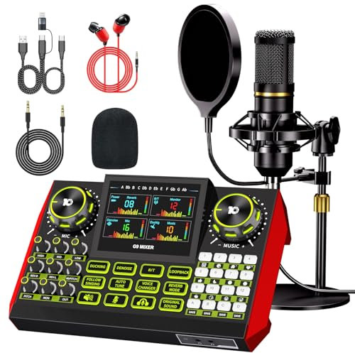 podcast equipment bundle, Live Sound Card with Audio Interface, All-in-One Audio Mixer with Voice Changer, Condenser Microphone for Live Streaming, Singing, Gaming, and Content Creation.