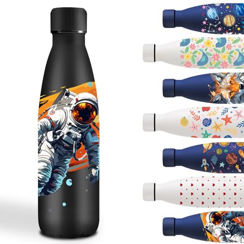 Gourde, 500ml Gourde Isotherme, Gourde Personnalisée avec des Astronaute, Facile à Nettoyer, Gourde Enfant anti Fuite, Facile à Transporter, Bouteille d'eau pour l'École, Bureau, Voyage, Sports, Noir