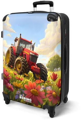 NoBoringSuitcases.com® Koffer Kinder Groß 67x43x25 cm Reisekoffer Kinderkoffer mit 4 Rollen Leicht Trolley Große M Hartschalenkoffer Flugzeug Traktor - Blumenfeld - Sonnenlicht