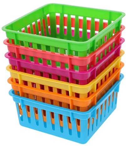 Veemoon 6Pcs Small Colored Classroom Storage Baskets Plastic Desk Stationery Organizers Pencil Pots Ample Capacity Utility Trays or School Supplies and Office Use Stackable