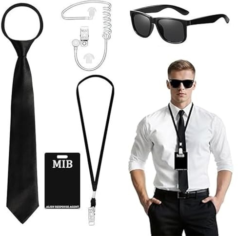 4 PCS Agent Costume Accessories Set, Men in Black Costume Accessories, Spy Gadgets with Sunglasses, Tie, ID Card and Card Holder, Perfect for Halloween, Christmas Parties and Detective Costume Events